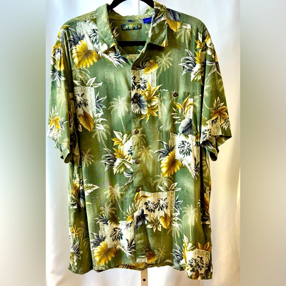 Campia 100% Rayon Sage Green & Tan Tropical Hawaiian Print‎ Men’s Shirt XXL - Picture 1 of 11